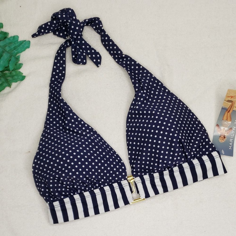 Swimsuit Bikini Top Marilyn Monroe Navy White Polka Sexy Classic Retro LARGE